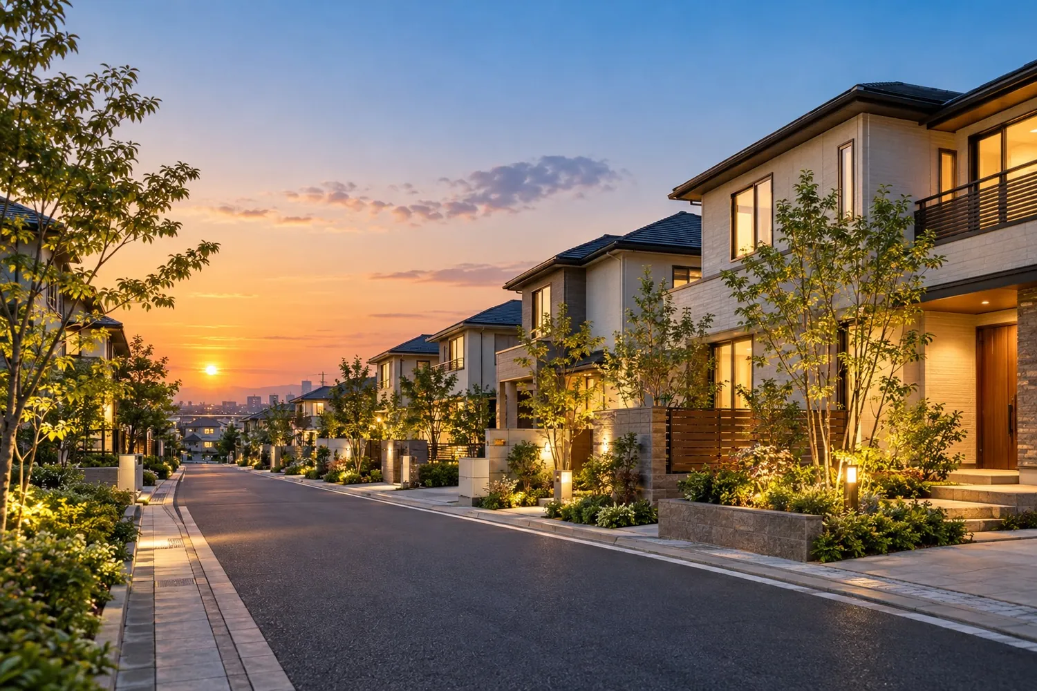 首都圏の新築戸建が並ぶ住宅街の夕景
