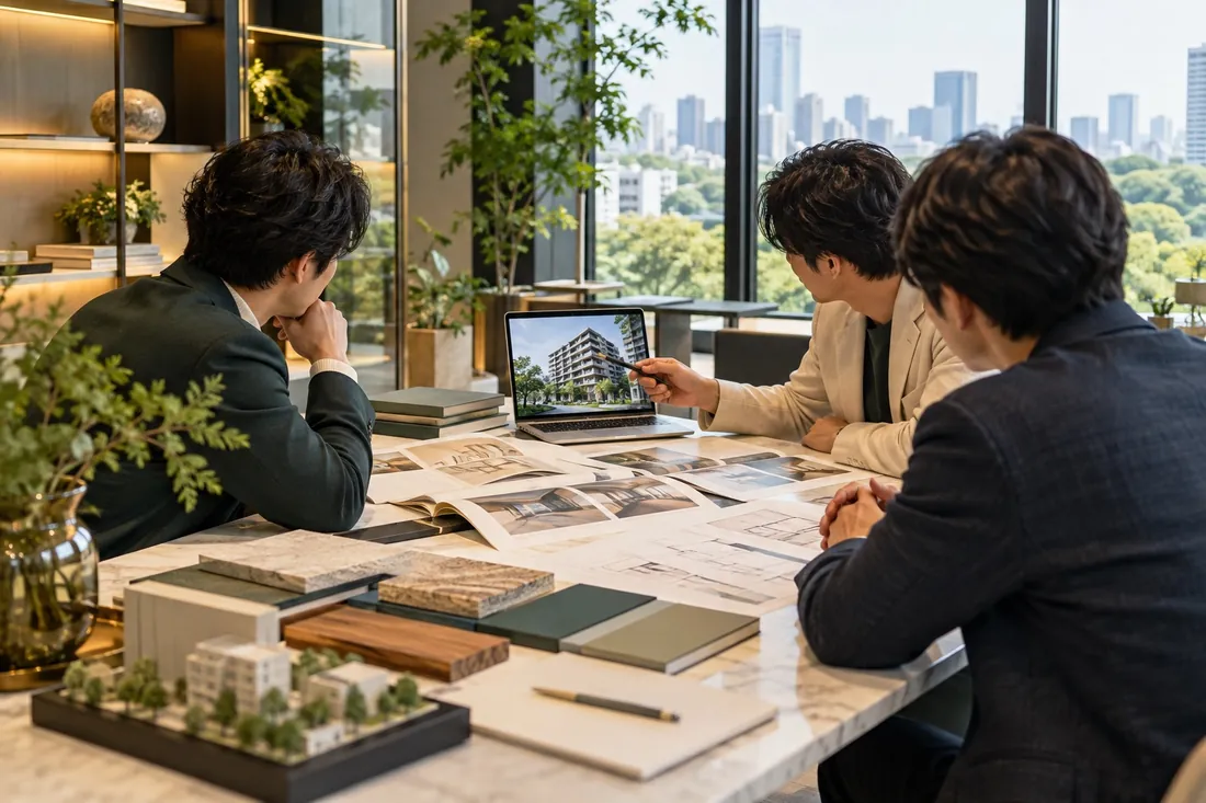 物件資料を囲んで打ち合わせをするTRISEのスタッフ